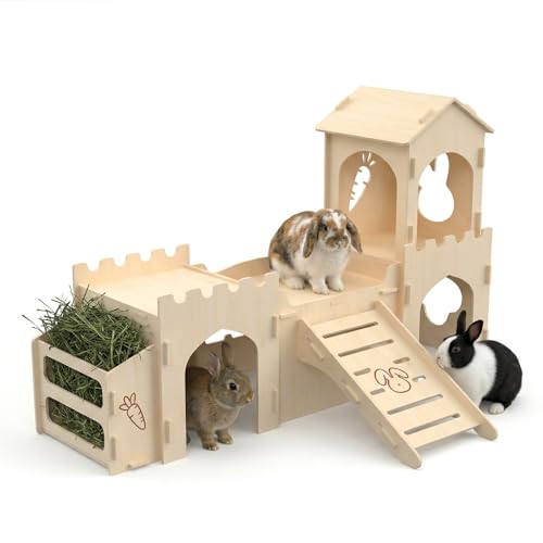Wooden Rabbit House Extra Large 2-Level Bunny Hideout for Indoor Pets Castle with Feeder & Stair