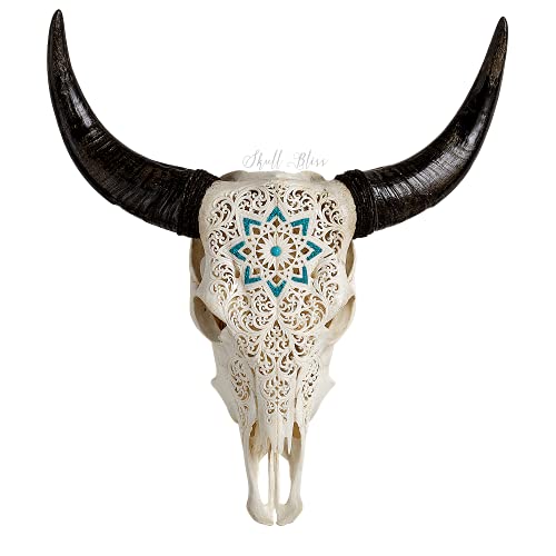 Hand Carved Real Authentic Taxidermy Cow Skull with Long Horns - Glowing Mandala / Genuine Home Wall Hanging Decor by Skull Bliss (Standard Horns)