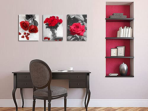 Ardemy Red Rose Canvas Wall Art Flowers Pictures Bathroom Decor, Black White Florals Painting Modern Romantic Framed For Bedroom Living Room Dinning Room Kitchen Spa Wall Decor,12"X16"X3 Panels #TOP3