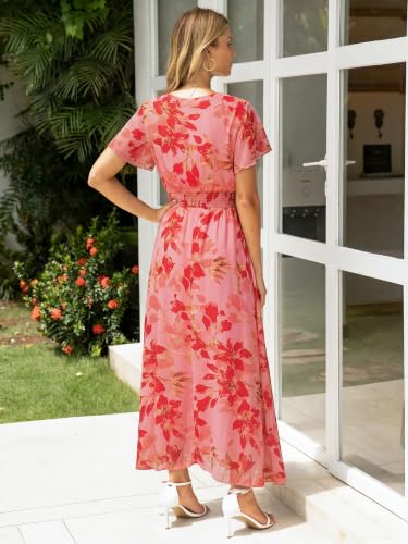 Image of Simplee Womens Floral Maxi Dress - Short Sleeve Summer Boho Wedding Guest Dress Empire Waist Chiffon Modest Midi Dresses