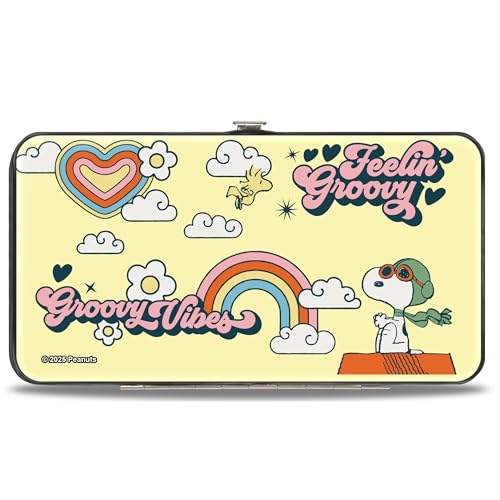 Buckle-Down Peanuts Wallet, Hinged, Peanuts Snoopy Flying Ace and Woodstock Groovy Quotes Collage, Vegan Leather2