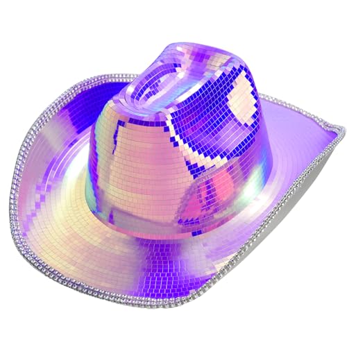 ZAEFTUK Cowboy Hat for Women and Men - Disco Mirror Cowgirl Hat for Music Festivals Concerts Western Party Purple