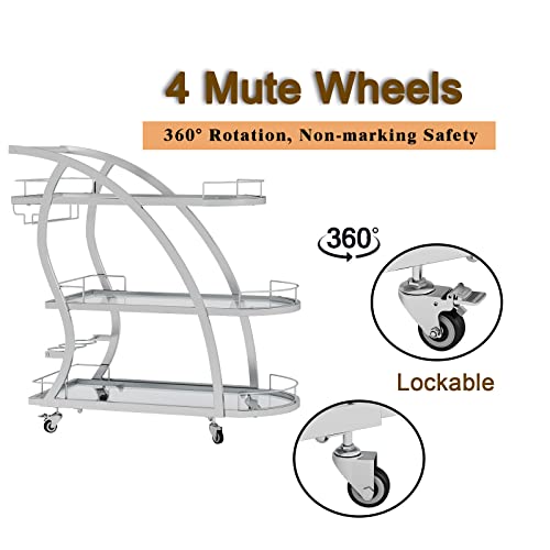 Ouqindesign 3 Tier Bar Carts Silver For Home Bar Serving Cart With Wheels, Heavy Duty Glass Bar Cart With Storage Shelves, Silver Bar Carts For The Living Room, Kitchen, Bar, Party #TOP4