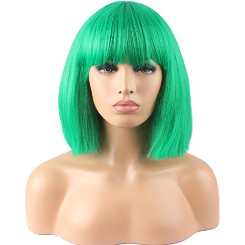 Riyang Women's Cosplay Wig with Full Bangs Short BOB Kinky Straight Puff Hair Heat Resistant Green