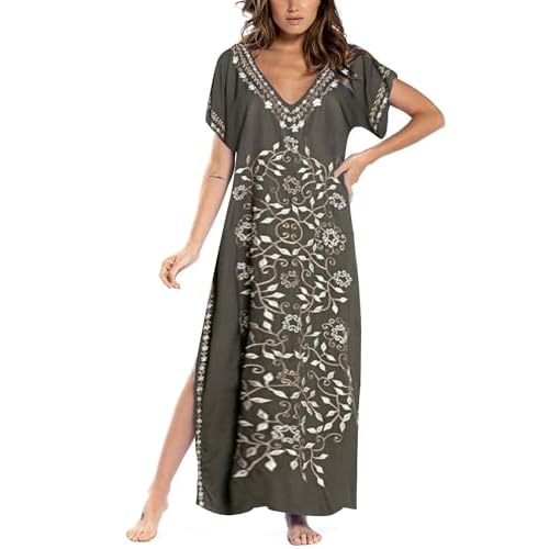 Busbseach Caftan Dresses for Women Embroidery Short Sleeve Beach Cover Up V Neck Maxi Kaftan Dress Army Green