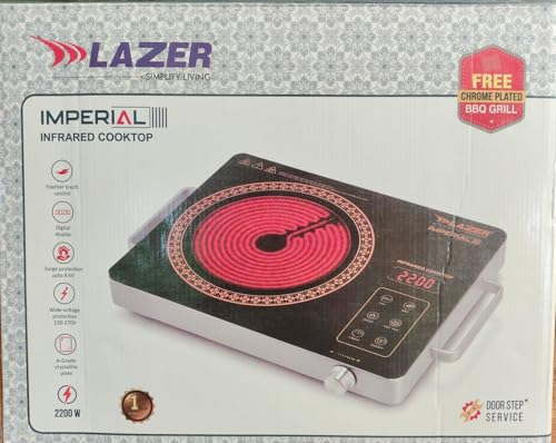 Image of Lazer Imperial Infrared Cooktop, 2200W, Black, with Chrome Plated BBQ Grill, Feather Touch Control, Digital Display