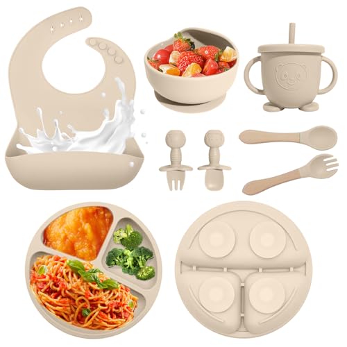 Image of Baby Led Weaning Supplies, 8 Piece BPA-Free Silicone Feeding Set, Silicone Suction Bowl, Forks & Spoons, Bib & Cup, Develops Self Feeding Skills, Dishwasher Safe, for 6+ Months (Beige)