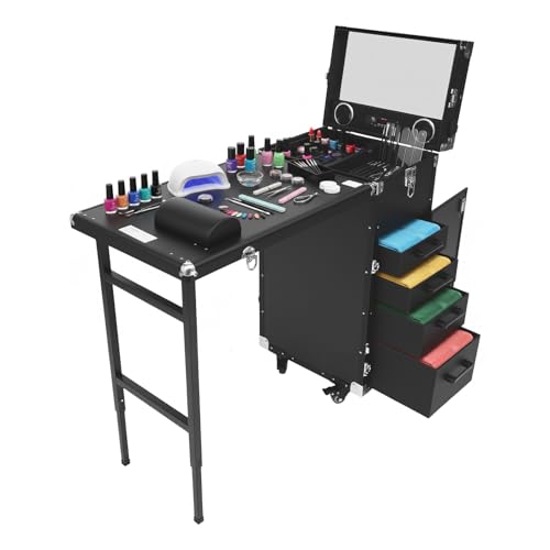 LTIGOAW Manicure Table for Nail Technicians, Nail Table Mobile Station Rolling Makeup Travel Case, Foldable Nail Table with Speakers, Travel Cosmetic Trolley Storage Organizer Portable Nail Desk