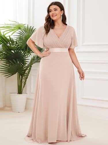Image of Ever-Pretty Women's Chiffon Formal Evening Dresses for Curvy Women V-Neck Plus Size Floor Length Bridesmaid Dress