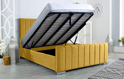 AuGold Beds Upholstered Ottoman Bed 5FT King – Mustard Plush King Size Bed Frame with Headboard, Footboard & Lift-Up Storage Base – Durable Modern Design for Stylish Compact Bedrooms
