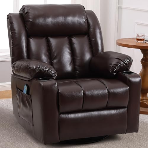 Rocker Swivel Recliner Chair for Adults, Overstuffed Large Manual Recliner Glider with Massage and Heat, Comfy Soft Leather Living Room Reclining Sofa Chair (Brown)