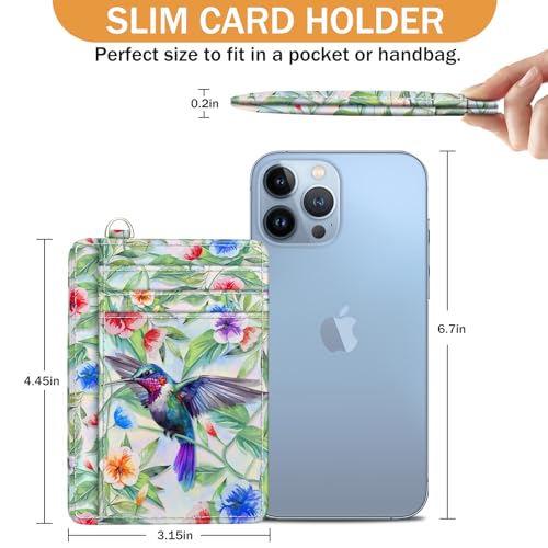 Credit Card Holder Slim Wallet, Hummingbird RFID Wallet Women Front Pocket Small Card Holder, Travel Funny Cute Thin Card Case ID Window PU Leather RFID Blocking Card Organizer Gifts Girls
