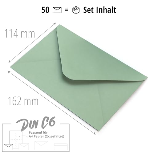 Japun – Briefumschläge (50 Stück) aus Papier, Kuvert, Umschlag ohne Fenster - DIN C6-162 x 114 mm - grün