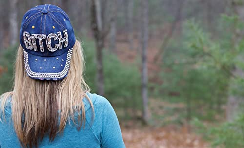 Popfizzy Bling Bitch Hat For Women Rhinestone Hat, Bedazzled Baseball Caps, Distressed Hat, Fancy Bejeweled Hats, Sparkle Studded Denim Ball Caps (Bitch) #TOP1