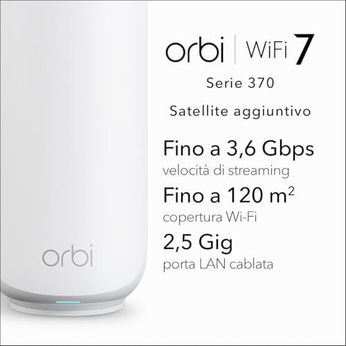 (RBE370) Orbi serie 370 WiFi 7 Mesh System Add-On Satellite, funziona con Orbi RBE372, RBE373, 3,6 Gbps, 120 m2 di copertura extra, BE3600 - Powerline - Immagine 1
