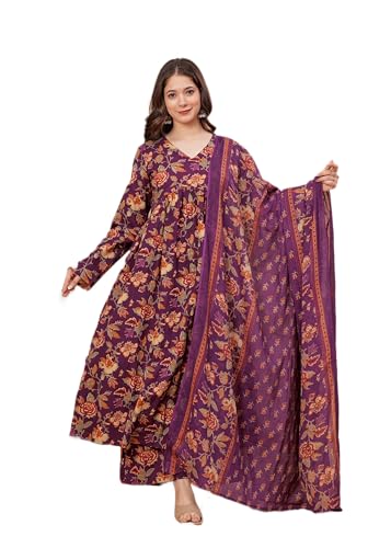 MEERA FAB Women's Cotton Blend V-Neck Anarkali Printed Kurta with Palazzo & Dupatta