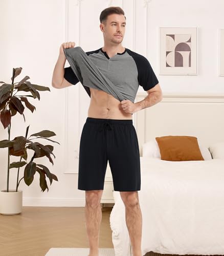 Image of NACHILA Pajamas Set for Men-Viscose Made from Bamboo,Short Sleeve Sleepwear Soft Pjs with Shorts Cool Loungewear Dark Heather Grey /Black L
