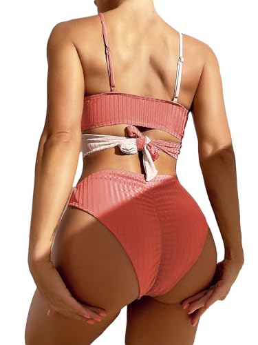 Women's 2 Piece Colorblock High Waisted Wrap Spaghetti Strap Summer Swimsuit Bikini Set2