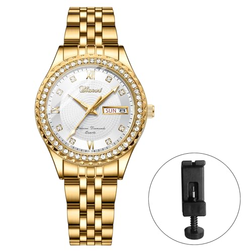 Image of JewelryWe Couple Gold Quartz Watch: Business Analog Full Diamond Day Date 3ATM Waterproof Luminous Hands Stainless Steel Removable Strap Casual Wrist Watch for Father's Day