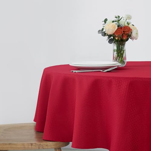 Image of maxmill Round Tablecloth Weaved Texture Design Spill-Proof Wrinkle Free Soft Christmas Table Cloth for Circular Table Cover, for Dining Room Banquet Parties Holiday Dinner, 90 Inch Red