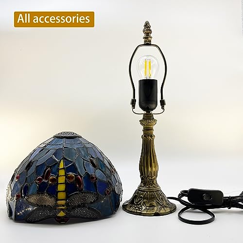 Kinbolas Tischlampe kleine im Tiffany Stil,Vintage Nachttischlampe,Schlafzimmer Fensterbank Deko Lampe,Jugendstil Tischleuchte,Blau Libellen Buntglas lampenschirm 20cm / 8 Zoll Mit LED E14 Birne