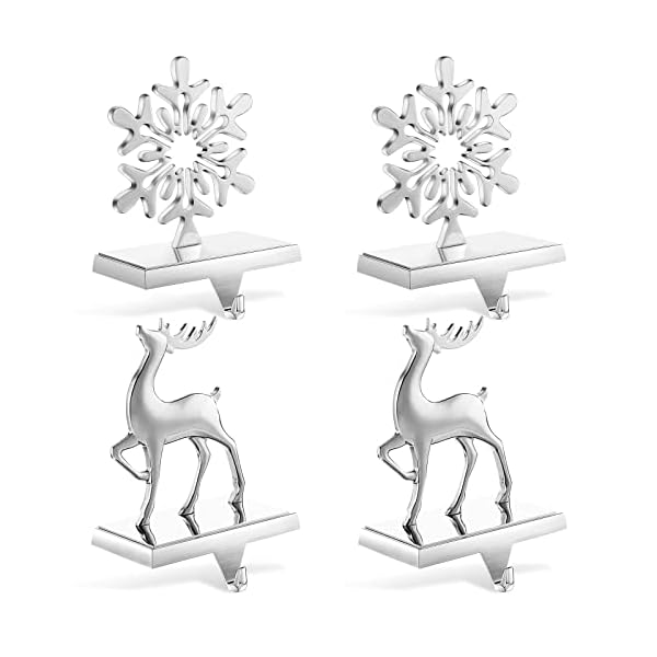Jetec 4 set christmas stocking holders for mantle stocking holder with hook fireplace weighted hangers for mantel metal xmas stand for christmas decorationsilver snowflakereindeer  urban country home decor