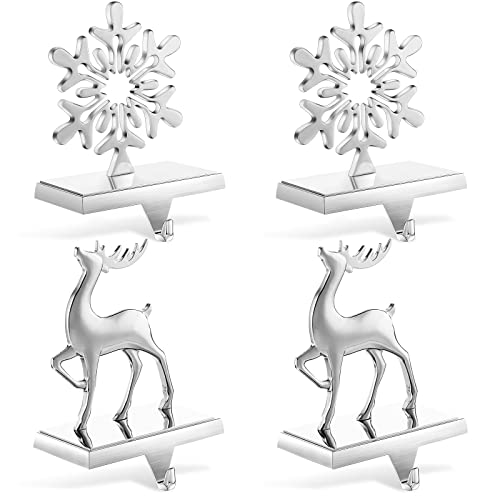 Jetec 4 Set Christmas Stocking Holders for Mantle Stocking Holder with Hook Fireplace Weighted Hangers for Mantel Metal Xmas Stand for Christmas DecorationSilver SnowflakeReindeer