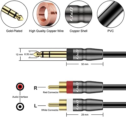 J&D 6.35mm TRS to Dual RCA Audio Cable, Copper Shell Heavy Duty 6.35mm 1/4 inch Male TRS to 2 RCA Male Stereo Audio Y Splitter Cable, 0.9 Meter