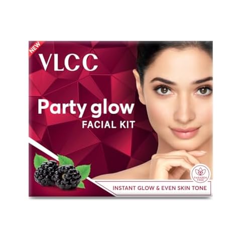 VLCC Party Glow Facial Kit - Single Use | Salon Like Facial at Home in Just 6-Steps | Includes Cleanser, Scrub, Cream, Face Pack & Moisturizing Gels | 2.12 Oz/60g Cover