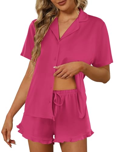 Image of Ekouaer Pajamas Set for Women Short Sleeve Sleepwear Button Down Pjs Lounge Sets Soft Nightwear