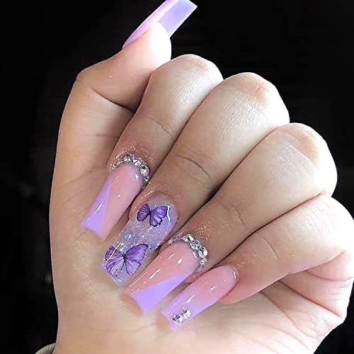 Butterfly Press On Nails French Fake Nails Medium Almond Shape Taro Purple Butterfly Tip Elegant Design Acrylic Nails With Shiny Rhinestones Nude Glossy False Nails Kit For Women Girls 24 Pcs #TOP18