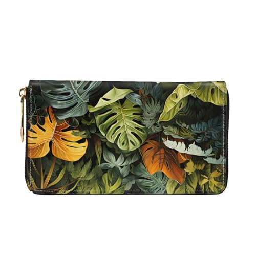 Leather Women Wallets, Long Credit Card Holder, Tropical Rainforest Palm Leaves Print Billfold Clutch & Travel Purse Large Capacity2