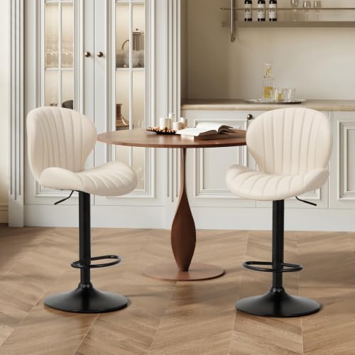 Image of MALOL Bar Stools Set of 2, Swivel Adjustable Height Leather Bar Chair,Beige