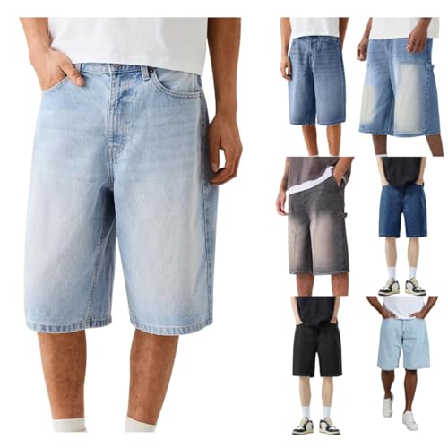JiXiang Baggy Jean Shorts Men Loose Casual Wide Leg Mid Denim Shorts Zipper Skateboard Hip Hop Vintage Streetwear with Pocket