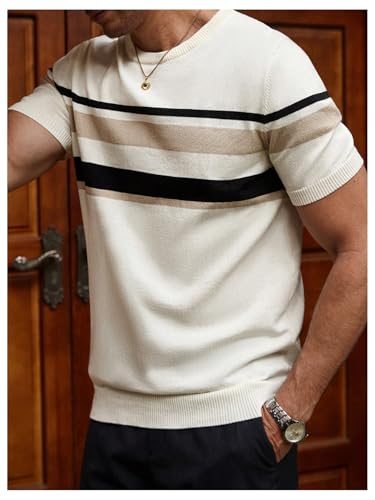 Men's Color Block Short Sleeve Sweaters Crew Neck Knit Pullover Tops Summer Knitwear2