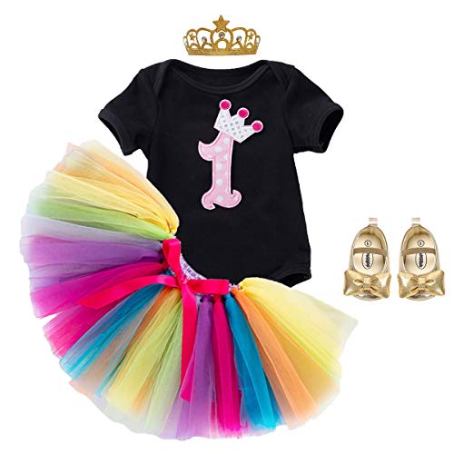 Hihcbf Princess 1St Birthday Cake Smash 4Pcs Outfits Baby Girls Romper Bodysuit, Rainbow Tutu Skirt, Crown Headband, Shoes, 12-18 Months #TOP11