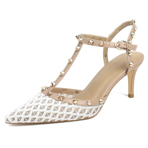 Image of XINIUNIU Studded Heels for Women Kitten Heels with Studs Stiletto Sandals with Rivet Ankle Strap Patent Leather Pointy Toe 2.5 Inch Party Daily Wear Evening Sandals