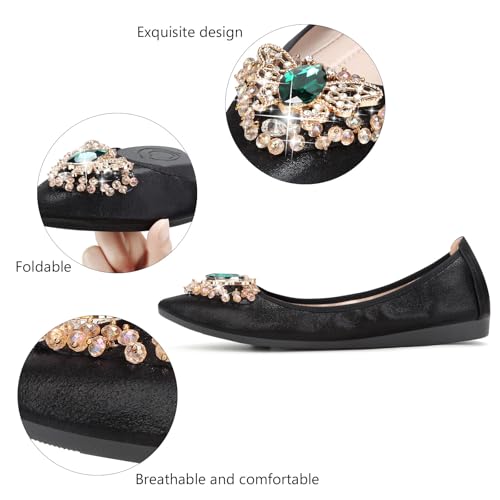 Image of KUNWFNIX Women Ballet Flats Rhinestone Wedding Ballerina Shoes Foldable Sparkly Comfort Slip on Flat Shoes