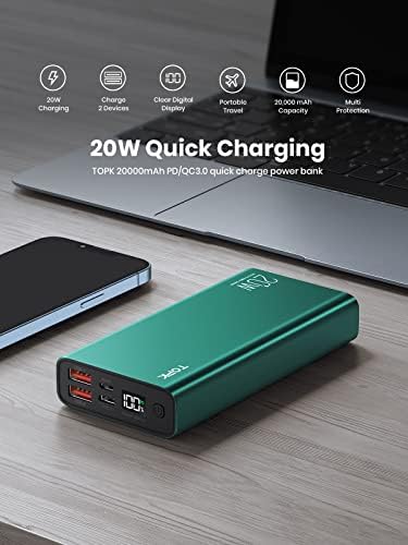 TOPK Power Bank 20W PD3.0 USB C Fast Charging 20000mAh Portable Charger 3A Quick Charge Type C Inputs/Outputs With Digital Display PowerBank [2022 Version]