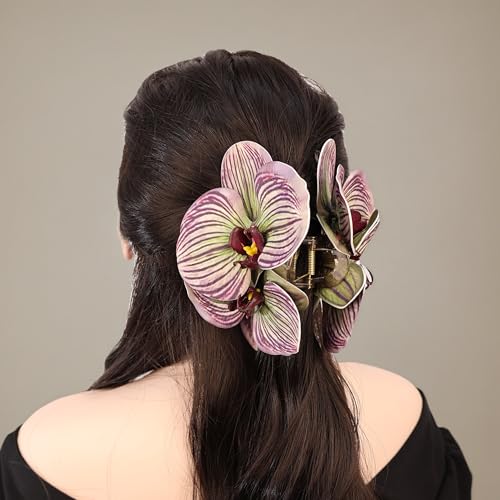 Rannyrena Bohemian Artificial Butterfly Orchid Hair Claw Clips Large Flower Hair Piece Fake Floral Bridal Wedding Hair Accessory for Women (Purple and Green)