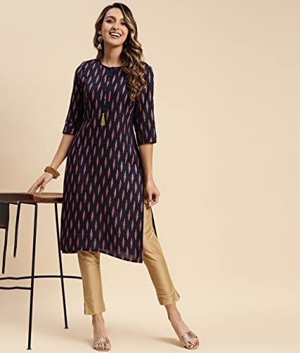 Image of rangita Navy Rayon Calf Length Printed Straight Kurti for Women | Kurta for Women