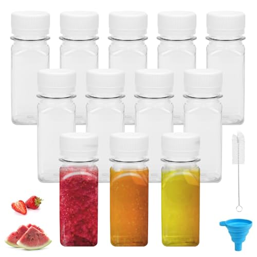 HEKOBAG 12PCS Botellas de Bebida Pequeñas de 60ml, Mini Botellas de Plastico para Bebidas Transparente con Tapa Blanca, Botellas Pequeñas Reutilizables con Embudo y Cepillo de Limpieza para Zumo Leche