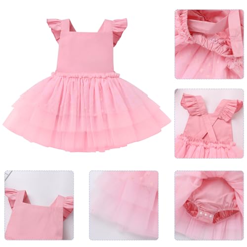ODASDO Baby Girl First Birthday Cake Smash Outfit Flutter Sleeve Princess Tutu Tulle Romper Dress with Tiara Headband4