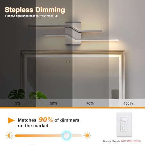 Image of 24 Inch Vnaity Lighting Led Bathroom Lights Over Mirror Brushed Nickel Dimmable 5CCT 24W Modern Bath Vanity Lights Bar Wall Sconces