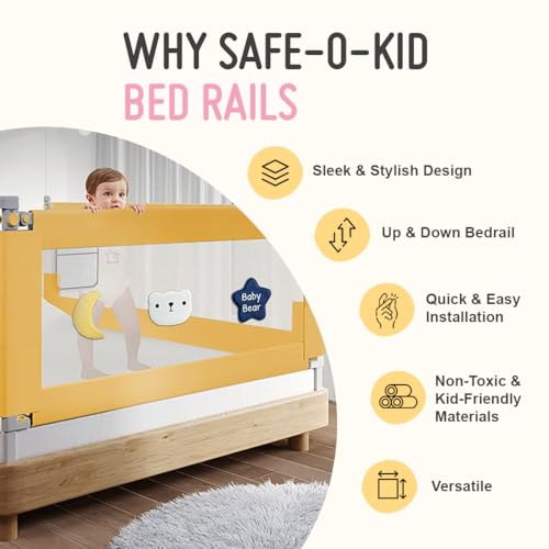 Image of Safe-O-Kid 1-Year Warranty 6 Feet /180 Cms Baby Metal Bed Rail, Adjustable Height, Baby Safety Bed Railing for Secure Sleep, Bed Guard for Babies, Yellow-Pack of 1