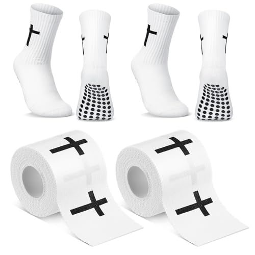 TrelaCo 2 Sets Cross Grip Socks with 2 Pcs Christian Athletic Tape Jesus Soccer Grip Socks Cotton Sports Athletic Tape Serrated Edges for Easter Gifts Football Baseball(White Cross)