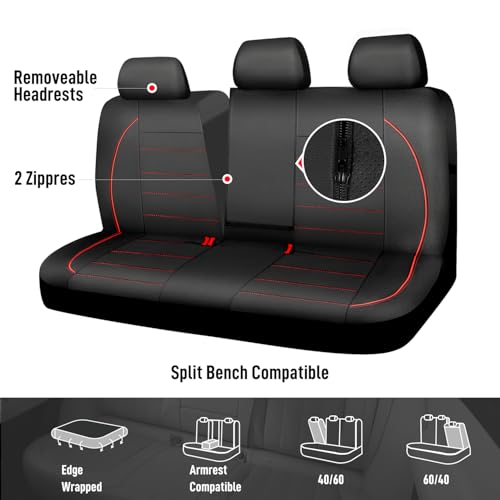 Image of CAR PASS Leather Back Seat Cover,Piping Waterproof Bench Seat Cover, Rear Seat Cover Universal Fit for Cars Sedans SUVs Truck 95% Automotive Interior Backseat Car Covers (Rear,Black and Red)