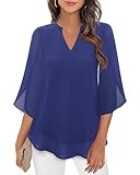 Bebonnie Dressy Blouses for Women,Business Casual Clothes for Women 3/4 Sleeve Notch V Neck Chiffon Blouses Trendy Night Out Outfit Fall Tops for Women 2024 Tummy Coverage Electric Blue L