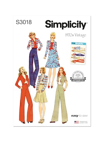 Simplicity SS3018H5 Misses Vintage 1970s Wide Leg Pants, Flared Skirt and Jacket Sewing Pattern Packet, Design Code S3018, Sizes 6-8-10-12-14, Multicolor