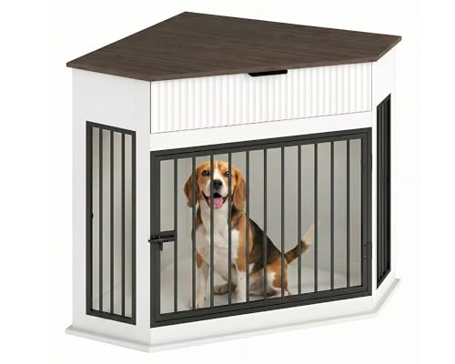 Yafylly Corner Dog Crate Furniture 44.6 Furniture Style Corner Dog Crate with Fluted Drawer Wooden Dog Kennel End Table for Small Medium Dogs Dog Cage TV Stand White